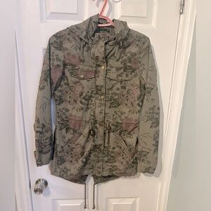 Kismet camo army green floral button zipper front hood drawstring coat jacket